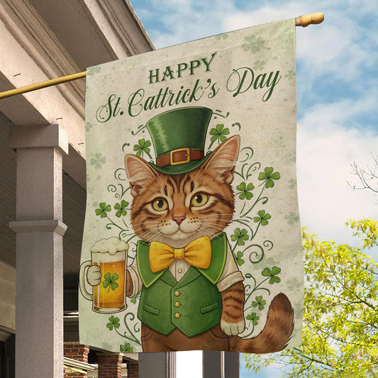 Four-Leaf Clover Cat Garden Flag & House Flag, Happy St. Cattrick's Day Irish Outdoor Decor, St Patrick's Day Yard Flag Gift For Cat Lover