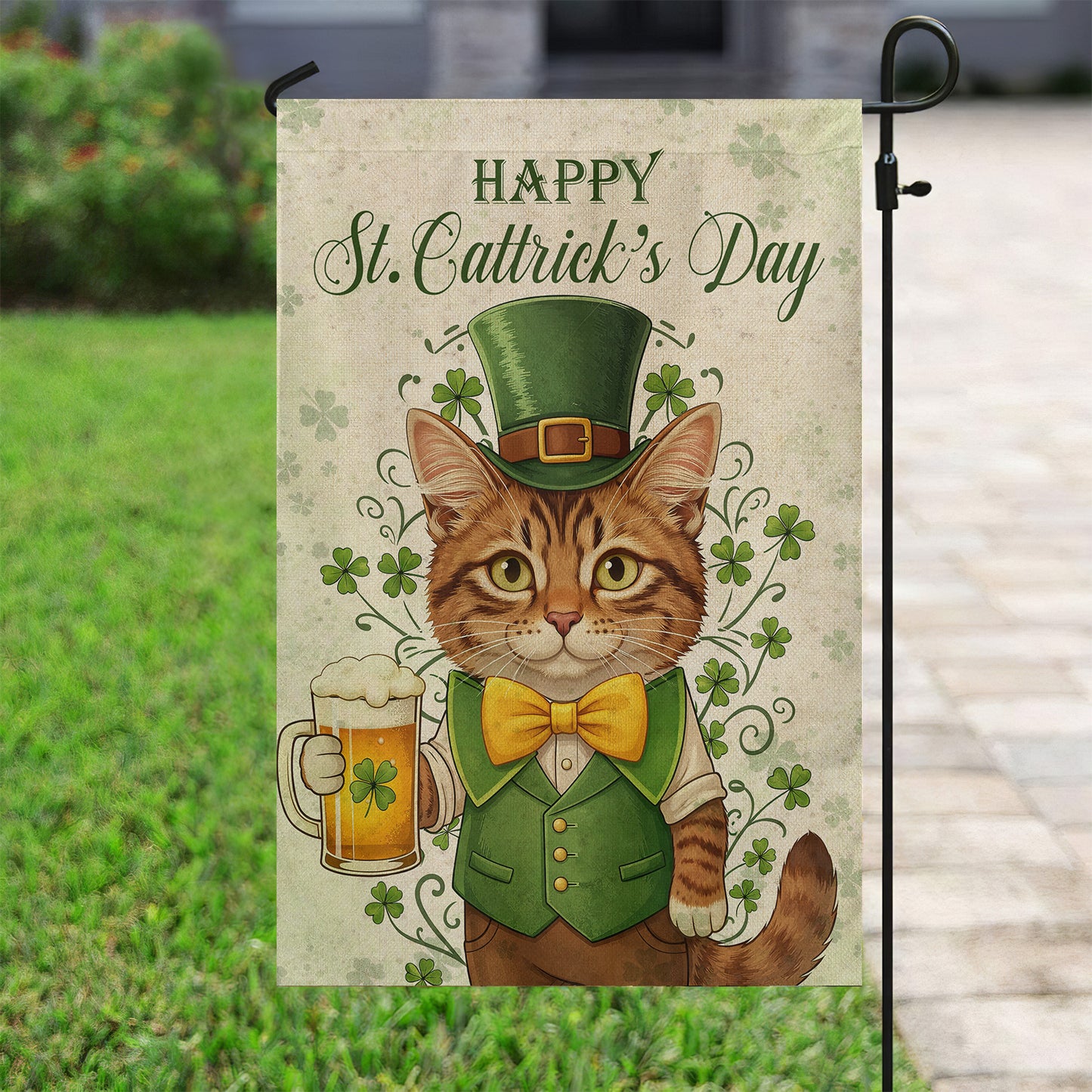 Four-Leaf Clover Cat Garden Flag & House Flag, Happy St. Cattrick's Day Irish Outdoor Decor, St Patrick's Day Yard Flag Gift For Cat Lover