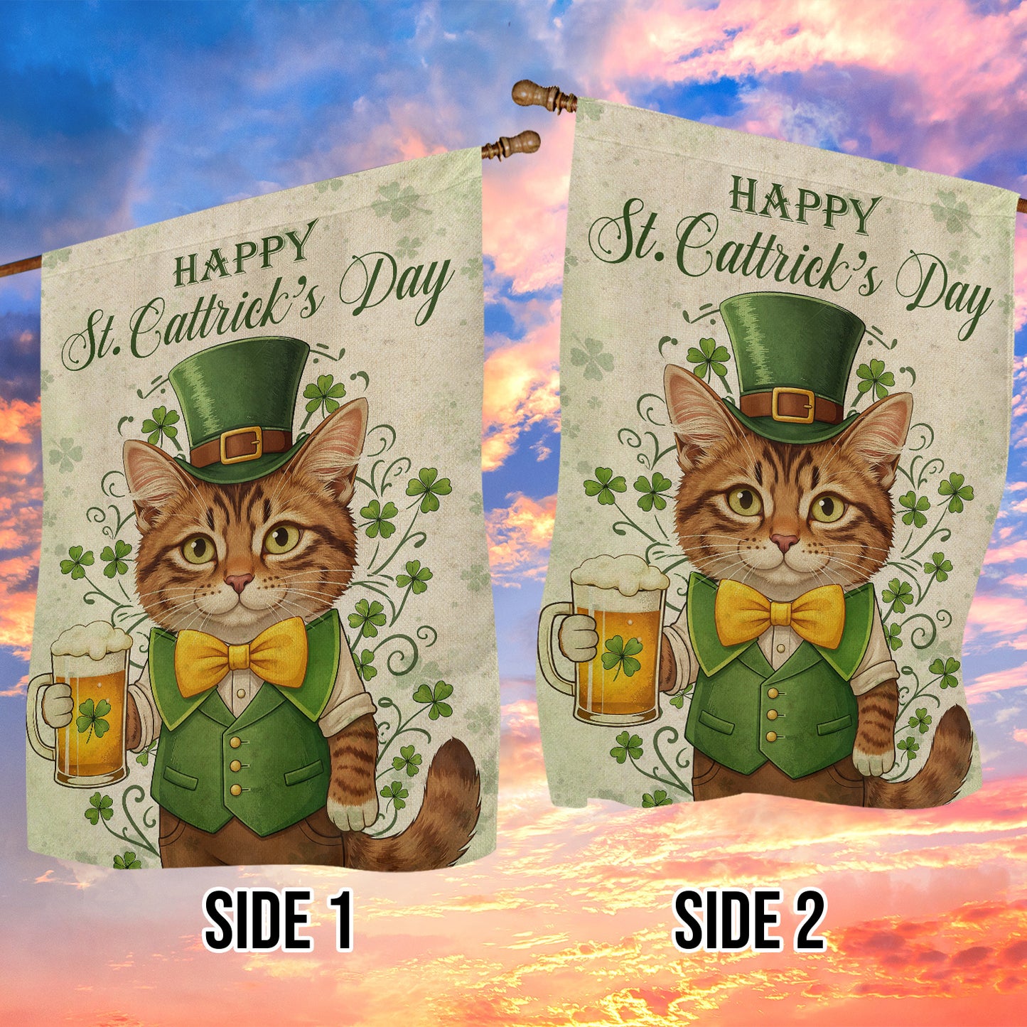Four-Leaf Clover Cat Garden Flag & House Flag, Happy St. Cattrick's Day Irish Outdoor Decor, St Patrick's Day Yard Flag Gift For Cat Lover