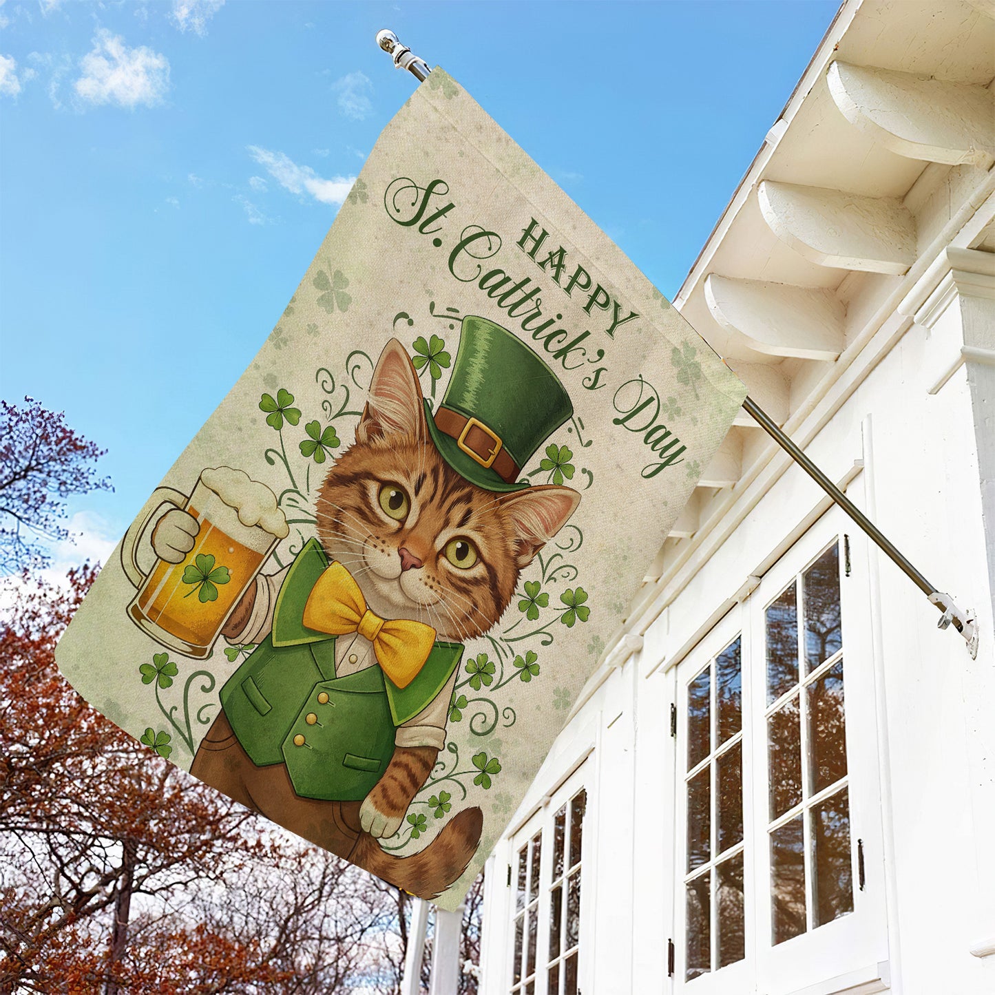 Four-Leaf Clover Cat Garden Flag & House Flag, Happy St. Cattrick's Day Irish Outdoor Decor, St Patrick's Day Yard Flag Gift For Cat Lover