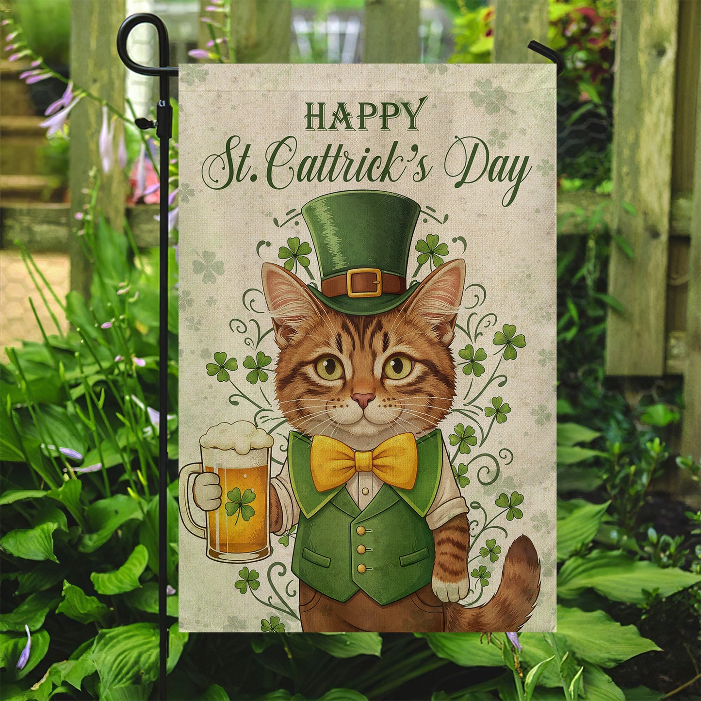 Four-Leaf Clover Cat Garden Flag & House Flag, Happy St. Cattrick's Day Irish Outdoor Decor, St Patrick's Day Yard Flag Gift For Cat Lover