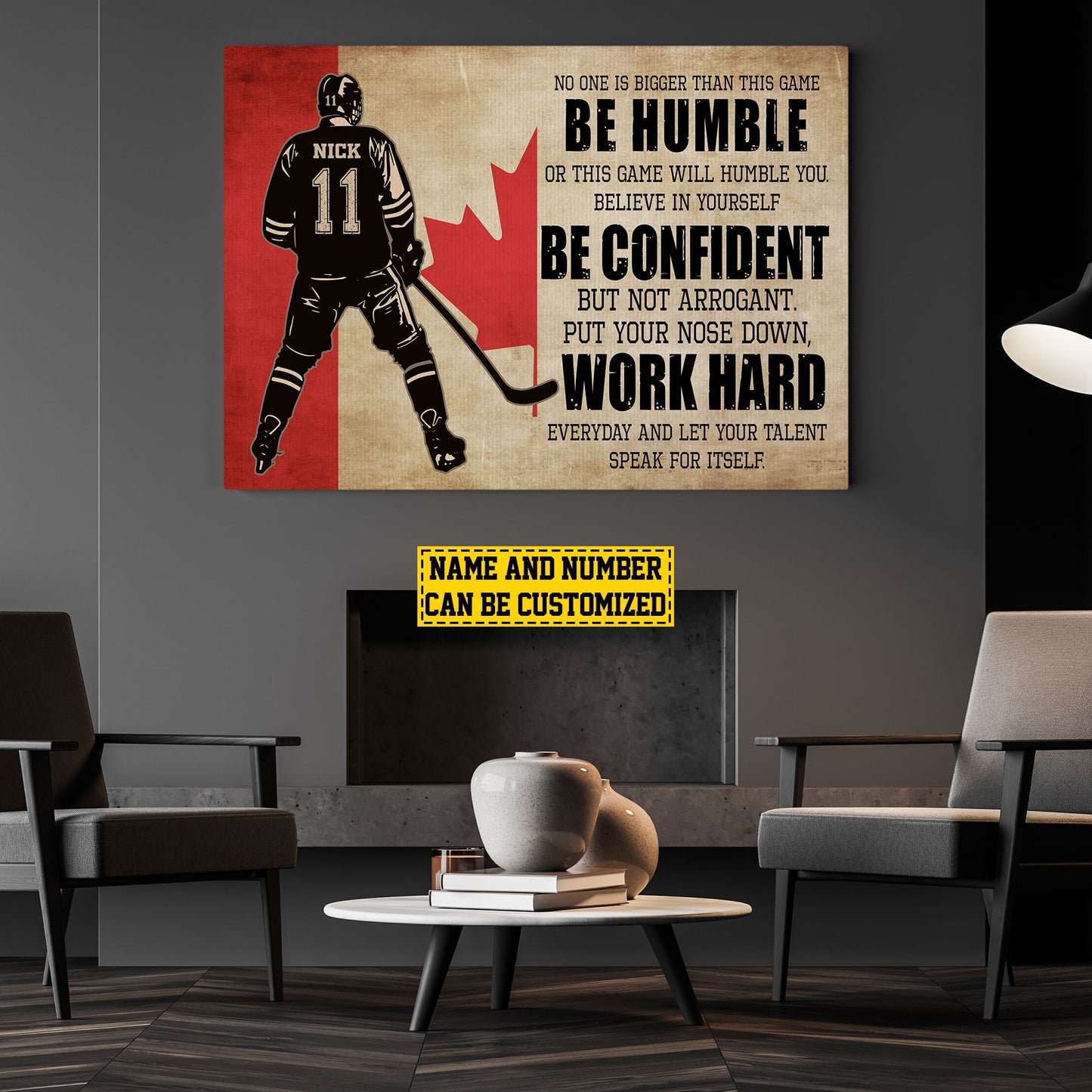 Personalized Motivational Hockey Canvas Painting, Be Humble Be Confident Work Hard, Inspirational Quotes Wall Art Decor, Poster Gift For Canadian