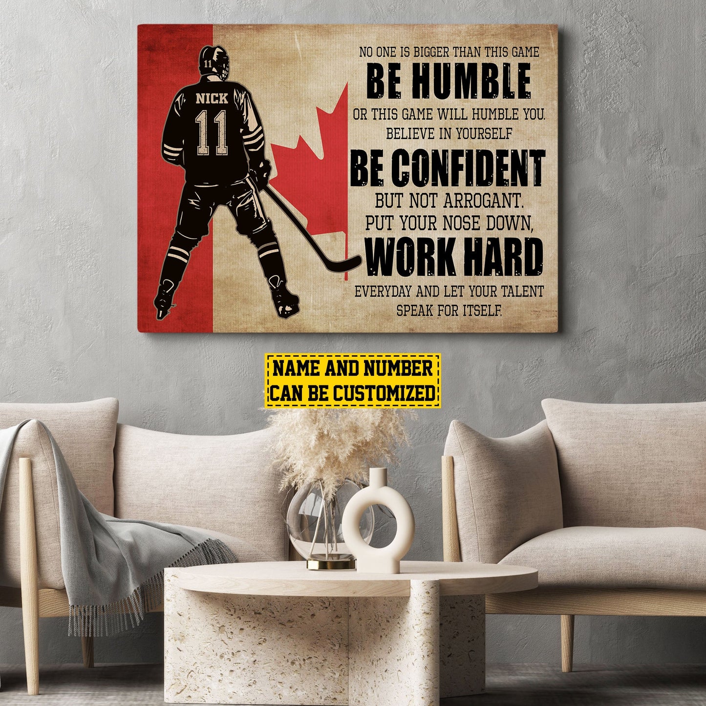 Personalized Motivational Hockey Canvas Painting, Be Humble Be Confident Work Hard, Inspirational Quotes Wall Art Decor, Poster Gift For Canadian