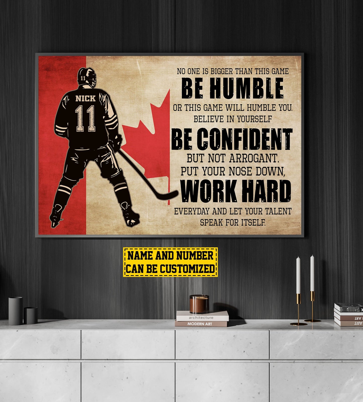 Personalized Motivational Hockey Canvas Painting, Be Humble Be Confident Work Hard, Inspirational Quotes Wall Art Decor, Poster Gift For Canadian