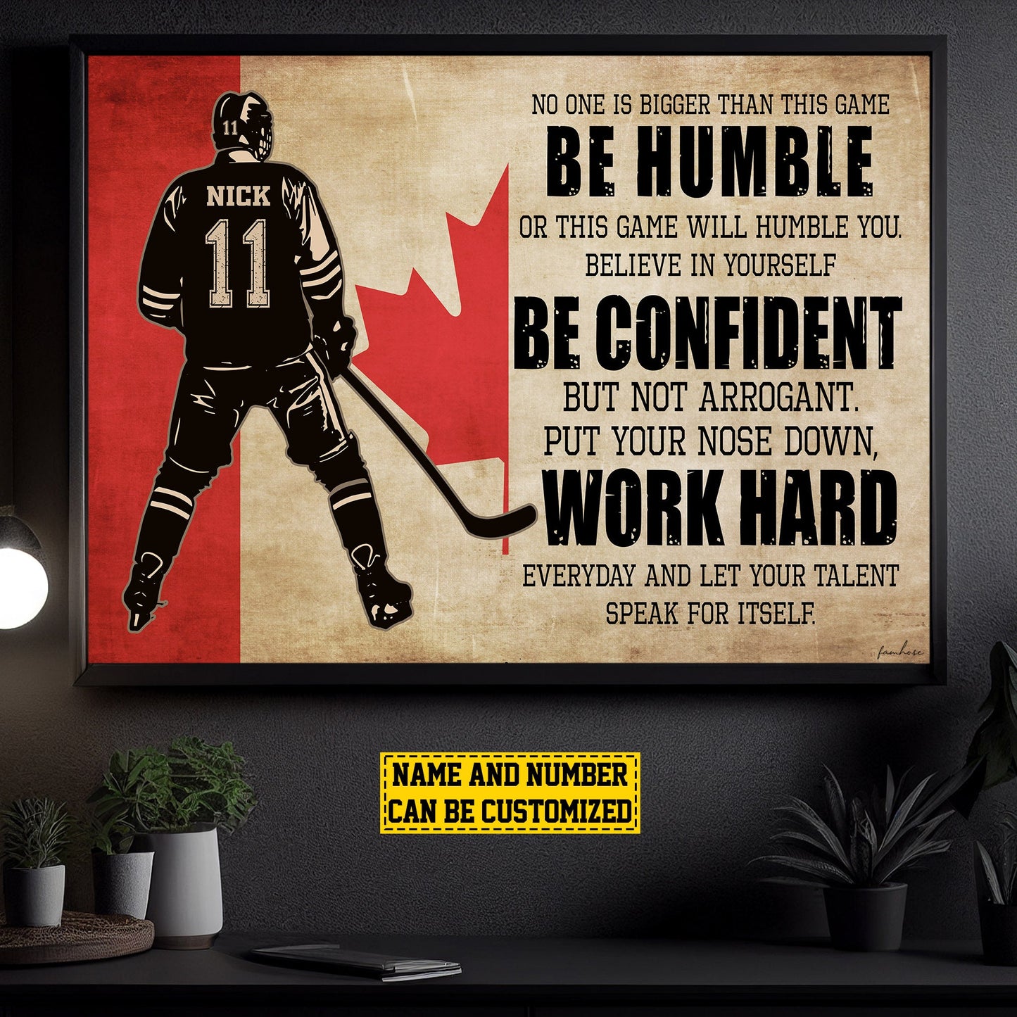 Personalized Motivational Hockey Canvas Painting, Be Humble Be Confident Work Hard, Inspirational Quotes Wall Art Decor, Poster Gift For Canadian