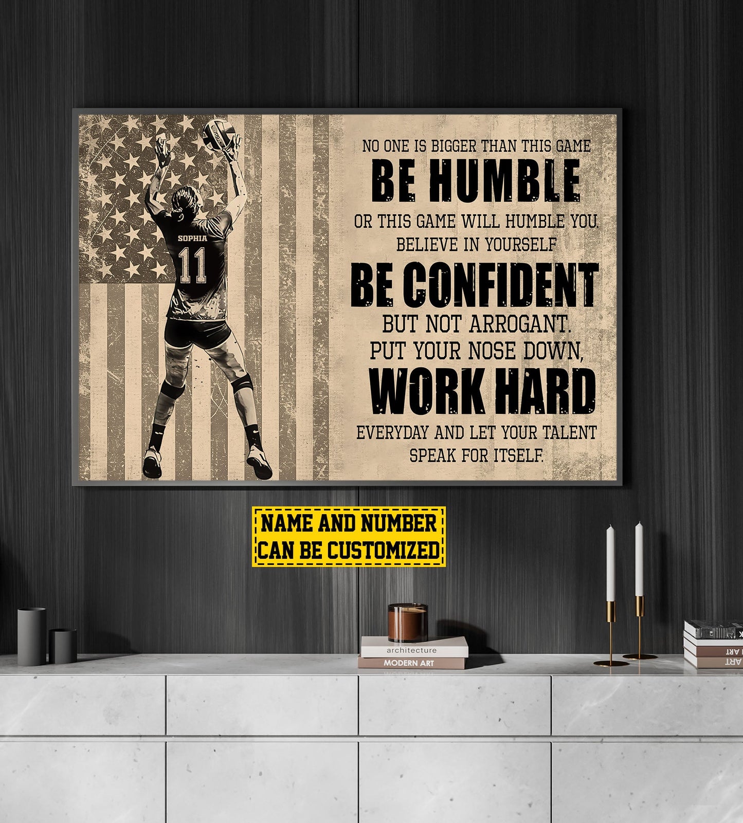 Be Humble Be Confident Work Hard, Personalized Motivational Volleyball Girl Canvas Painting, Inspirational Quotes Wall Art Decor, Poster Gift For Volleyball Lovers