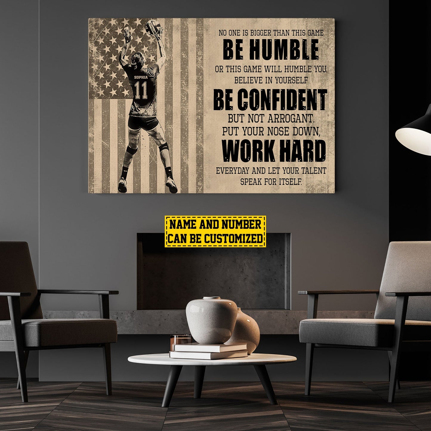 Be Humble Be Confident Work Hard, Personalized Motivational Volleyball Girl Canvas Painting, Inspirational Quotes Wall Art Decor, Poster Gift For Volleyball Lovers