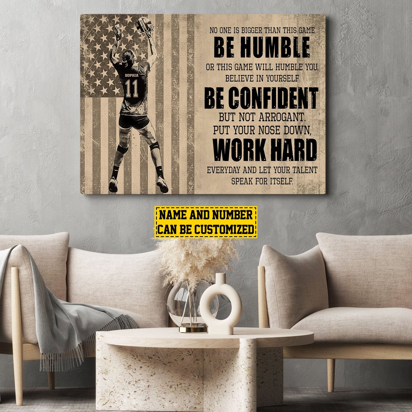 Be Humble Be Confident Work Hard, Personalized Motivational Volleyball Girl Canvas Painting, Inspirational Quotes Wall Art Decor, Poster Gift For Volleyball Lovers