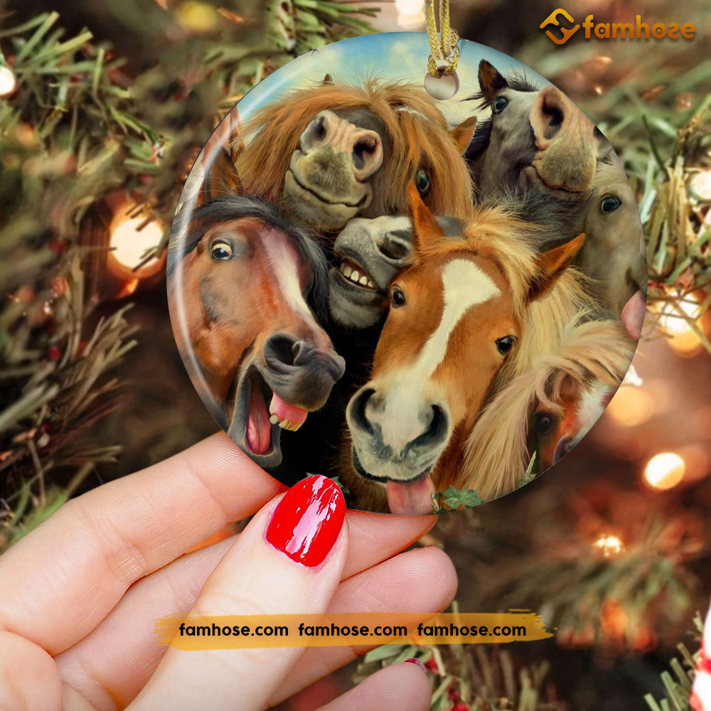 Funny Christmas Horse Ornament, Horses Together Smile Gift For Horse Lovers, Circle Ceramic Ornament