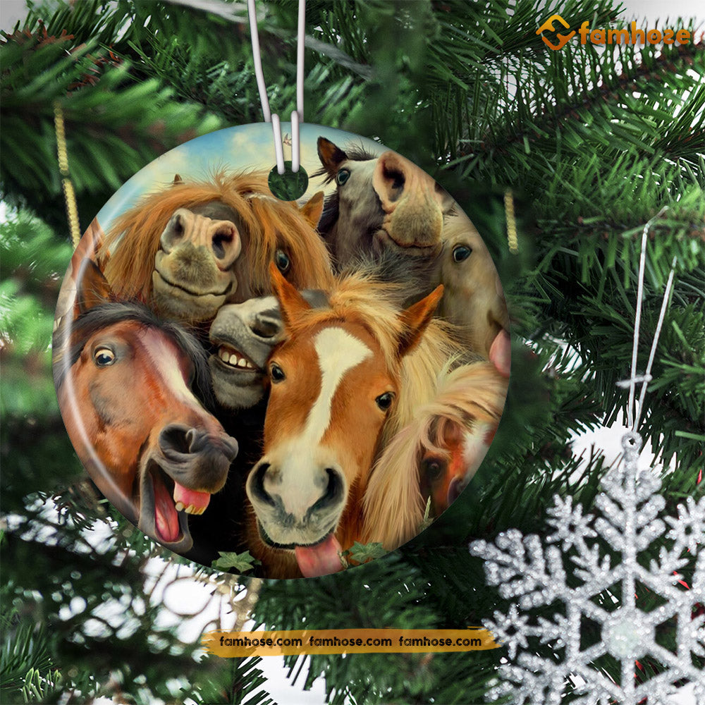 Funny Christmas Horse Ornament, Horses Together Smile Gift For Horse Lovers, Circle Ceramic Ornament