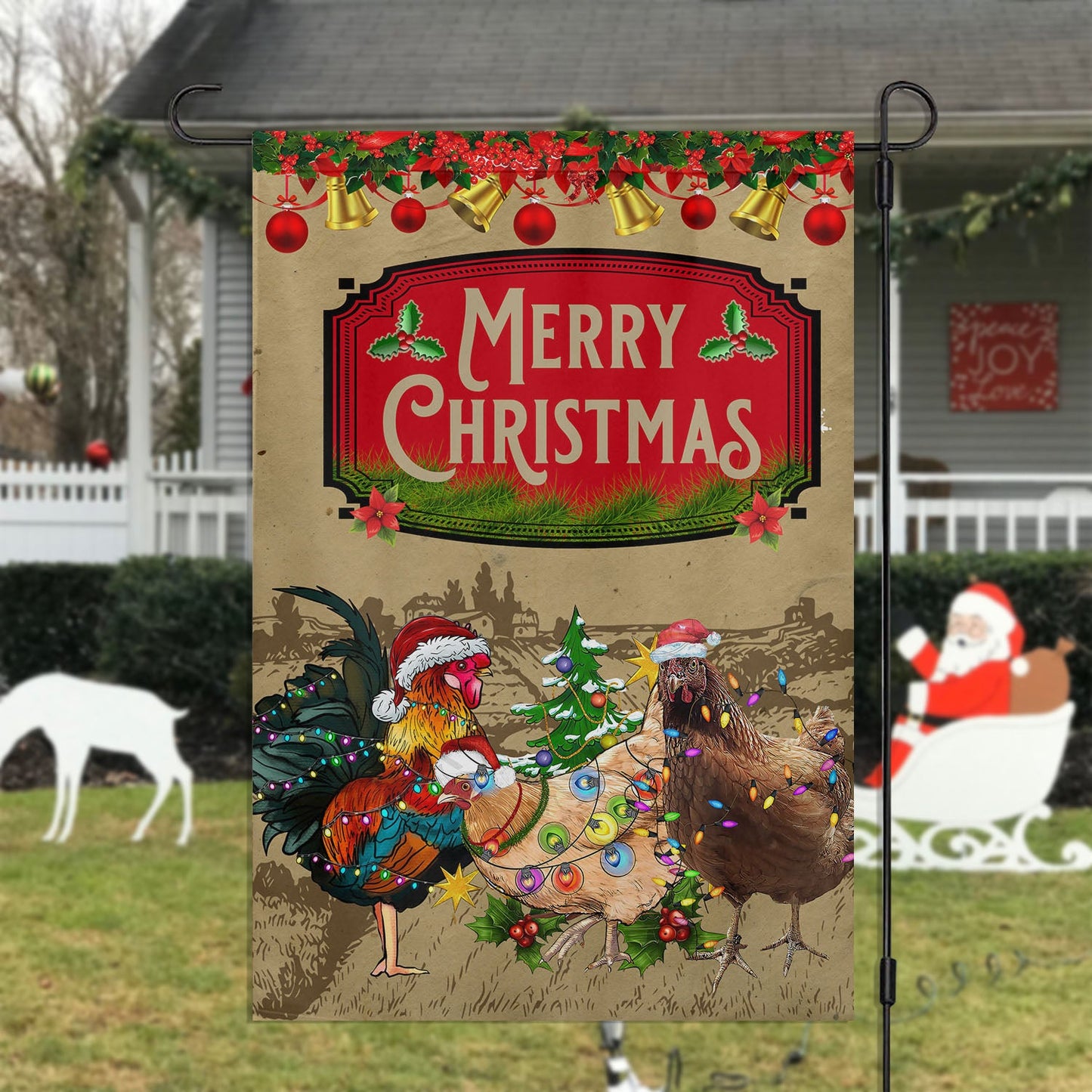 Merry Christmas Chickens Wearing Hats, Chicken Xmas Garden Flag & House Flag, Christmas Flag Gift For Chicken Lovers