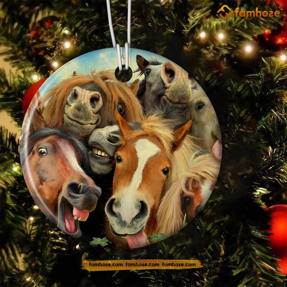 Funny Christmas Horse Ornament, Horses Together Smile Gift For Horse Lovers, Circle Ceramic Ornament