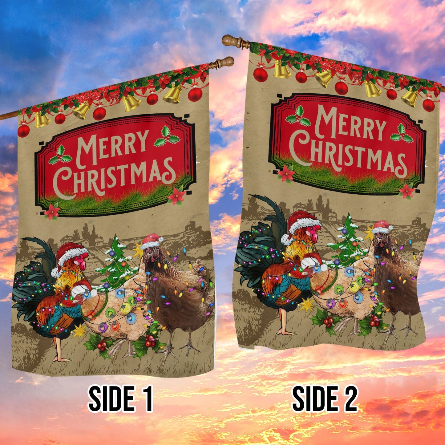 Merry Christmas Chickens Wearing Hats, Chicken Xmas Garden Flag & House Flag, Christmas Flag Gift For Chicken Lovers