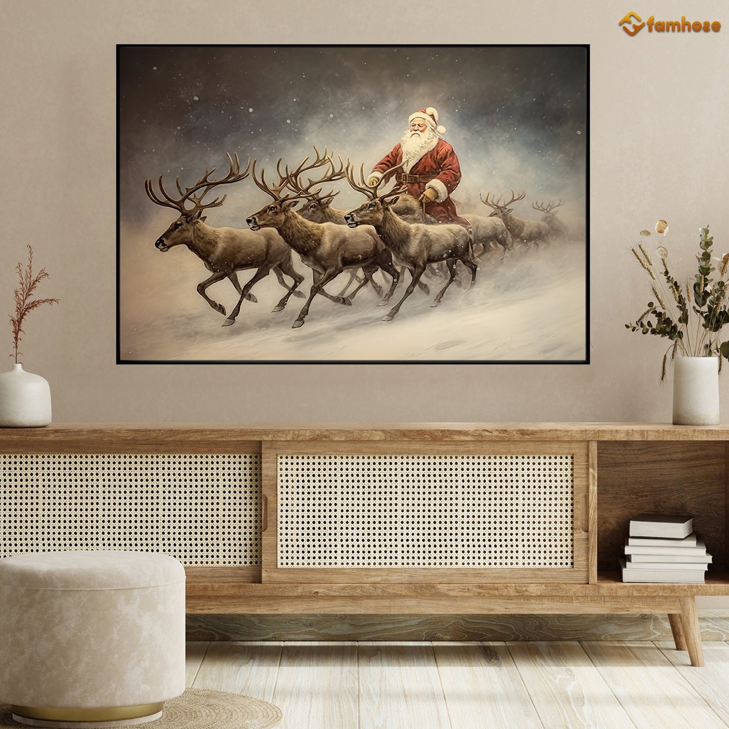 The Reindeer Are Pulling Santa Claus Christmas Canvas Painting, Xmas Wall Art Decor - Christmas Poster Gift