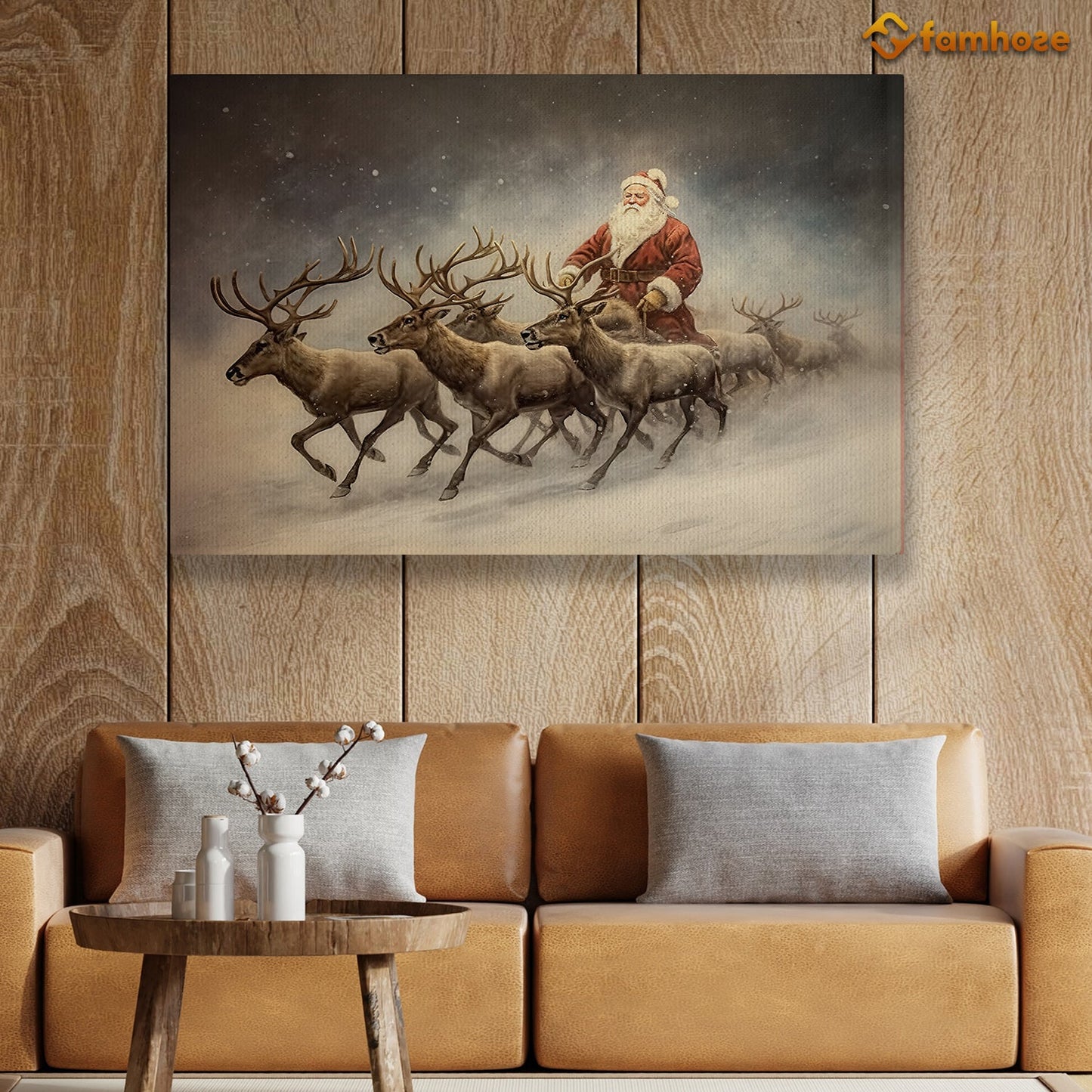 The Reindeer Are Pulling Santa Claus Christmas Canvas Painting, Xmas Wall Art Decor - Christmas Poster Gift