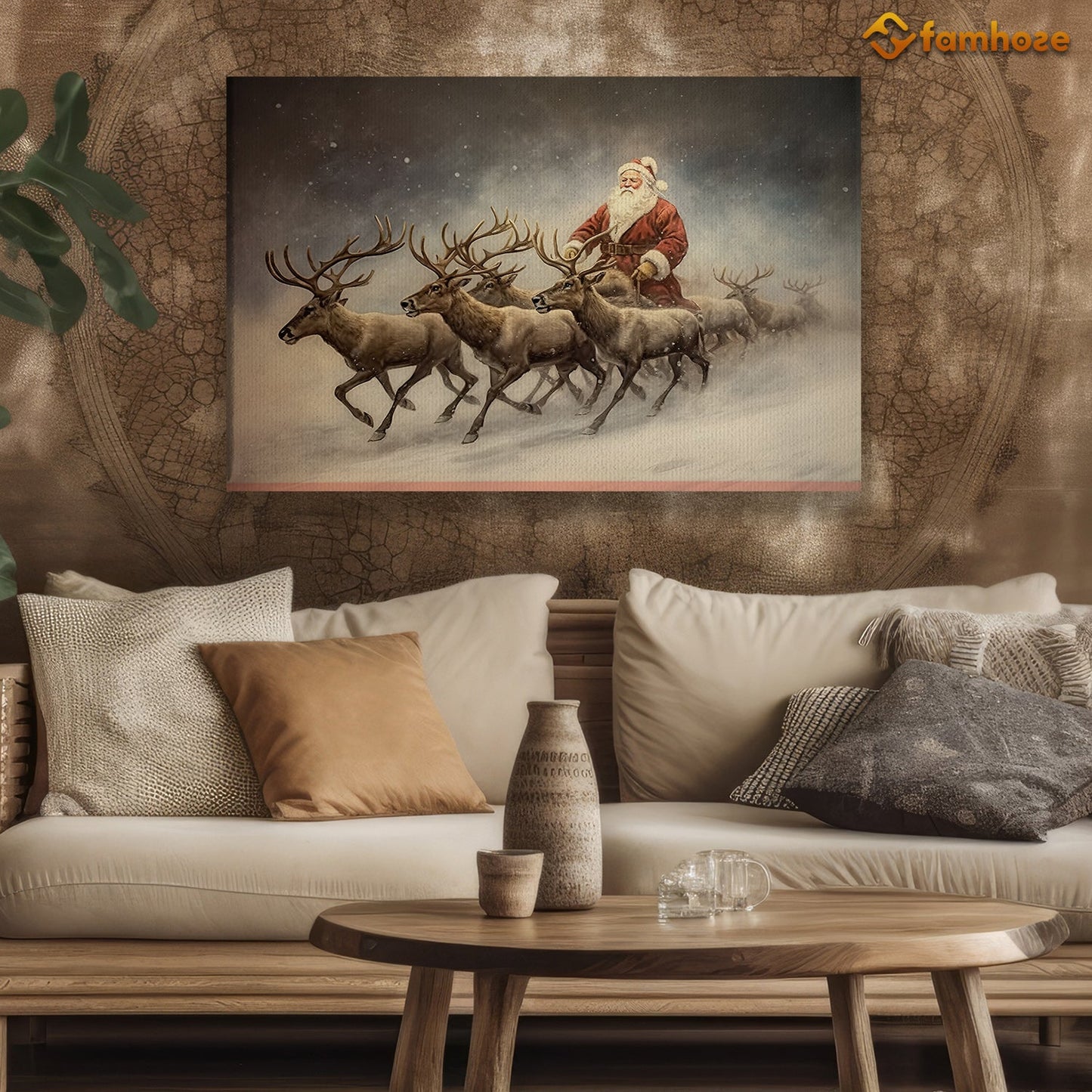 The Reindeer Are Pulling Santa Claus Christmas Canvas Painting, Xmas Wall Art Decor - Christmas Poster Gift