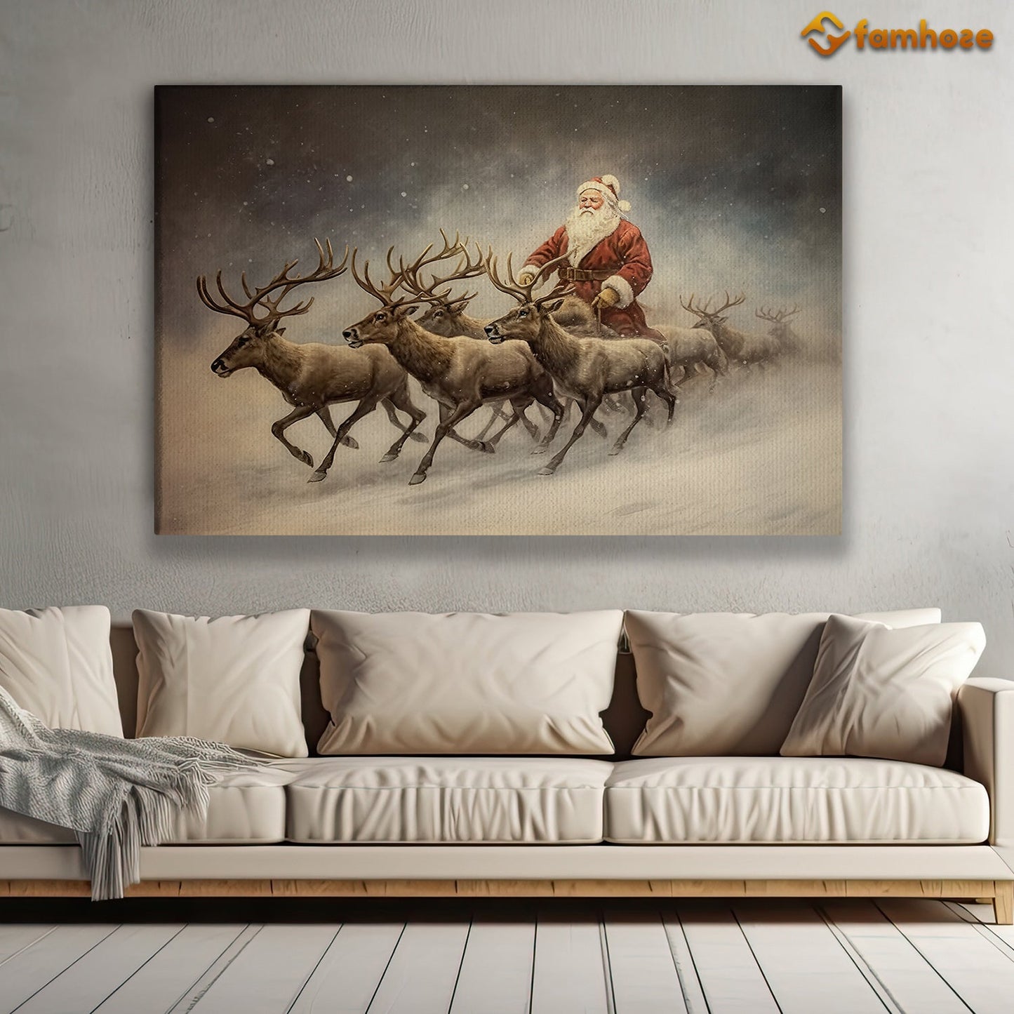 The Reindeer Are Pulling Santa Claus Christmas Canvas Painting, Xmas Wall Art Decor - Christmas Poster Gift