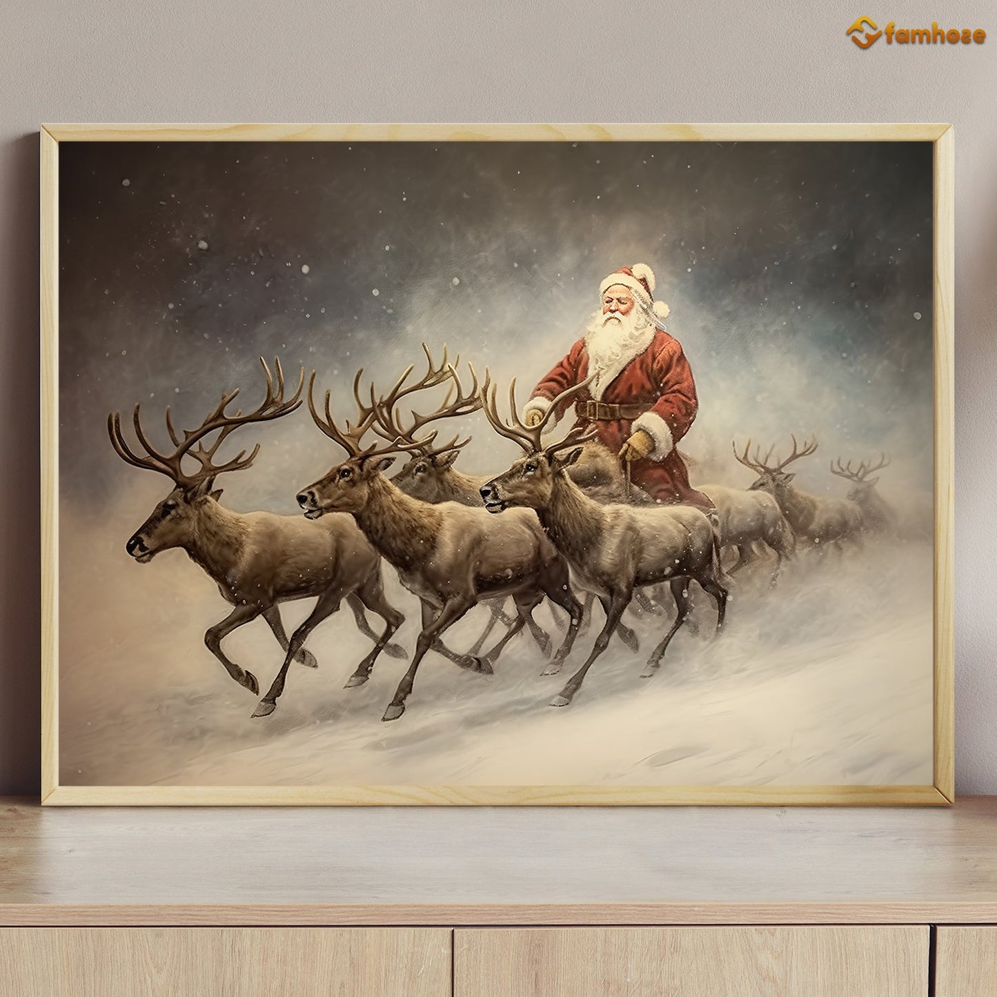 The Reindeer Are Pulling Santa Claus Christmas Canvas Painting, Xmas Wall Art Decor - Christmas Poster Gift