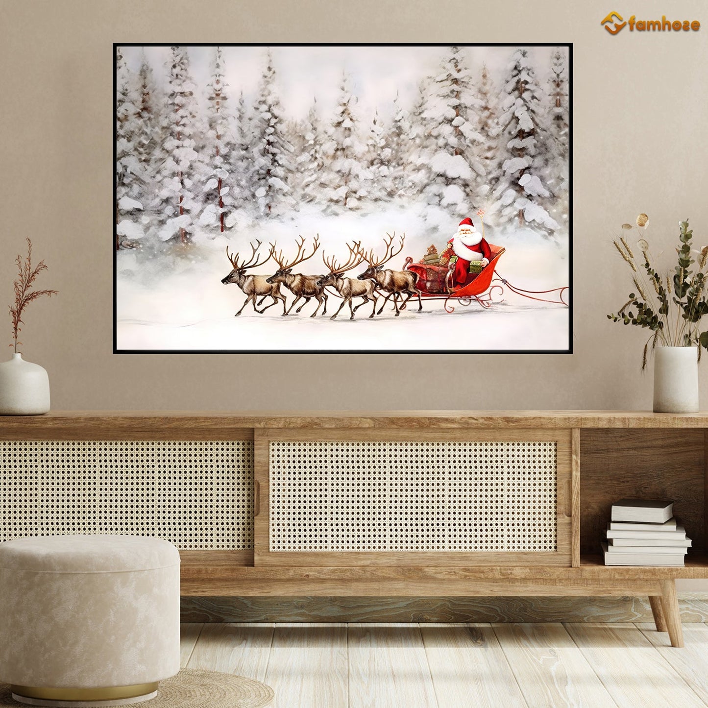 Reindeer And Santa Claus Walk Through The Snowy Forest Christmas Canvas Painting, Xmas Wall Art Decor - Christmas Poster Gift For Decorating Your Home