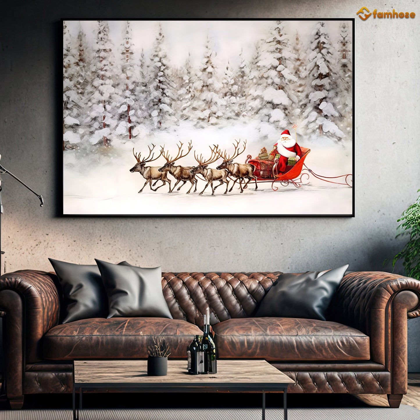 Reindeer And Santa Claus Walk Through The Snowy Forest Christmas Canvas Painting, Xmas Wall Art Decor - Christmas Poster Gift For Decorating Your Home