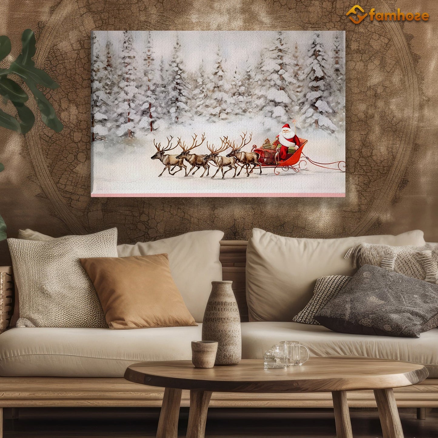 Reindeer And Santa Claus Walk Through The Snowy Forest Christmas Canvas Painting, Xmas Wall Art Decor - Christmas Poster Gift For Decorating Your Home