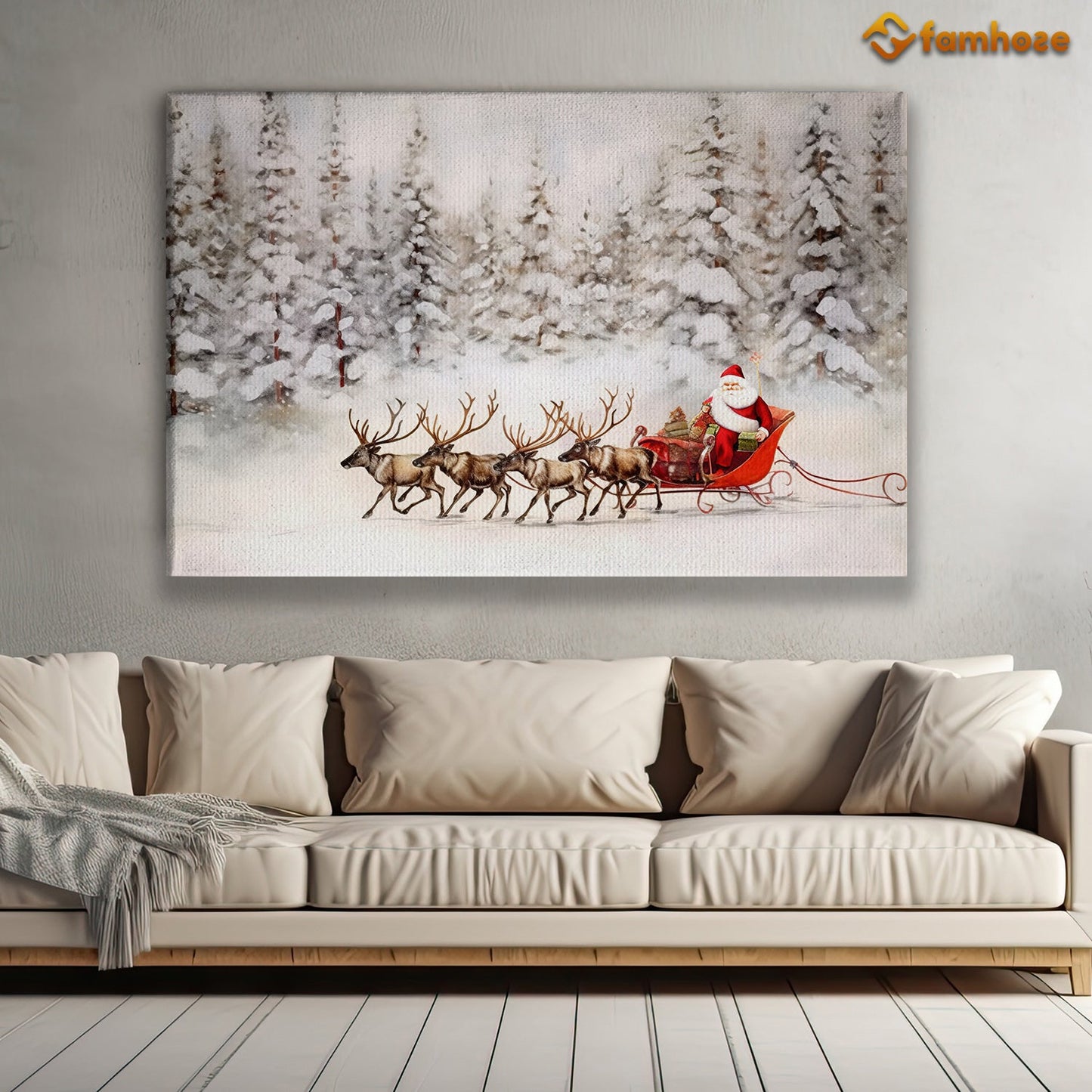 Reindeer And Santa Claus Walk Through The Snowy Forest Christmas Canvas Painting, Xmas Wall Art Decor - Christmas Poster Gift For Decorating Your Home