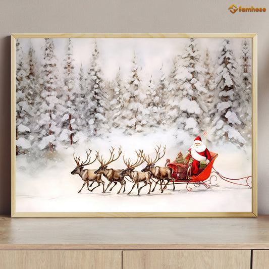 Reindeer And Santa Claus Walk Through The Snowy Forest Christmas Canvas Painting, Xmas Wall Art Decor - Christmas Poster Gift For Decorating Your Home