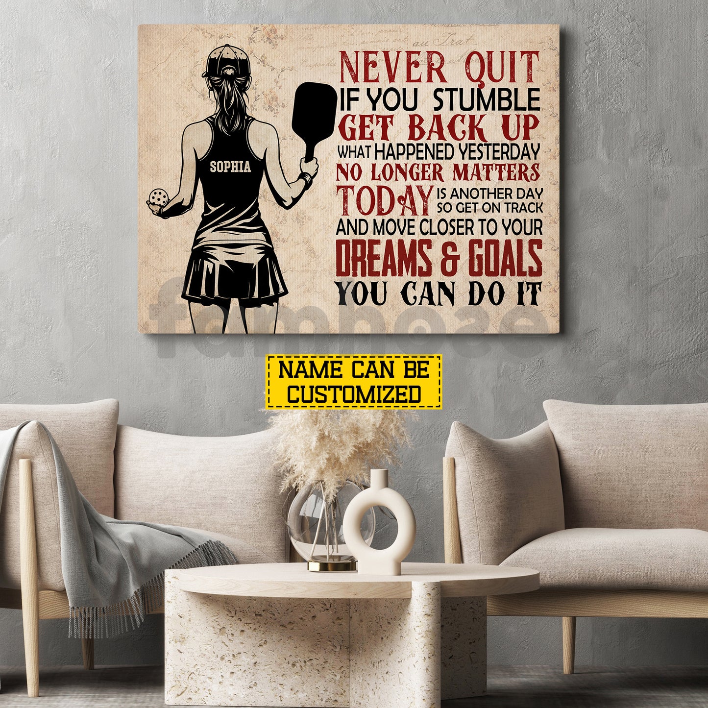 Personalized Pickleball Girl Canvas Painting, Never Quit If You Stumble Sport Wall Art Decor, Poster Gift For Pickleball Lover