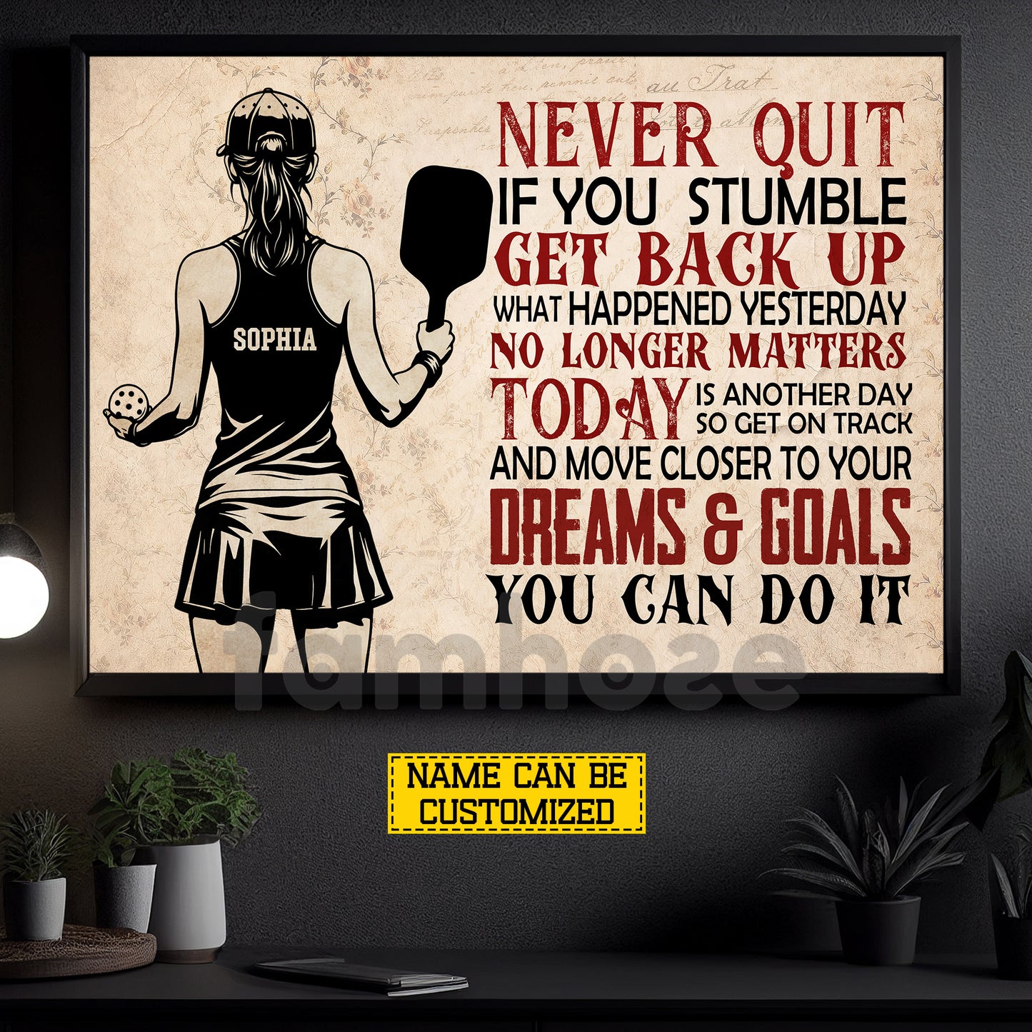 Personalized Pickleball Girl Canvas Painting, Never Quit If You Stumble Sport Wall Art Decor, Poster Gift For Pickleball Lover