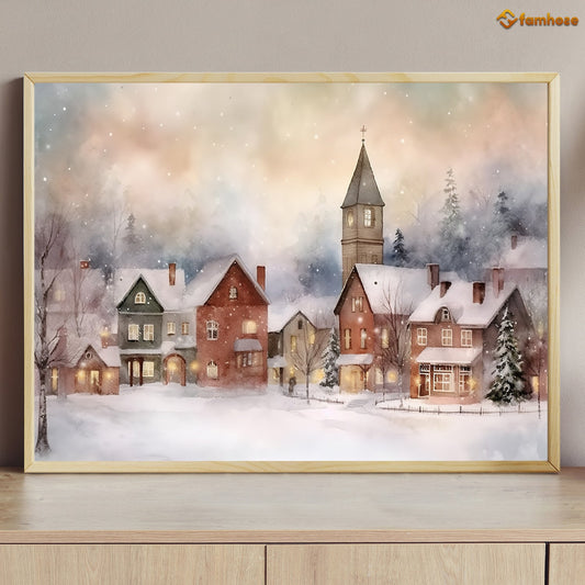 The Church Houses In The Town Were Covered In Snow Christmas Canvas Painting, Xmas Wall Art Decor - Christmas Poster Gift For Decorating Your Home