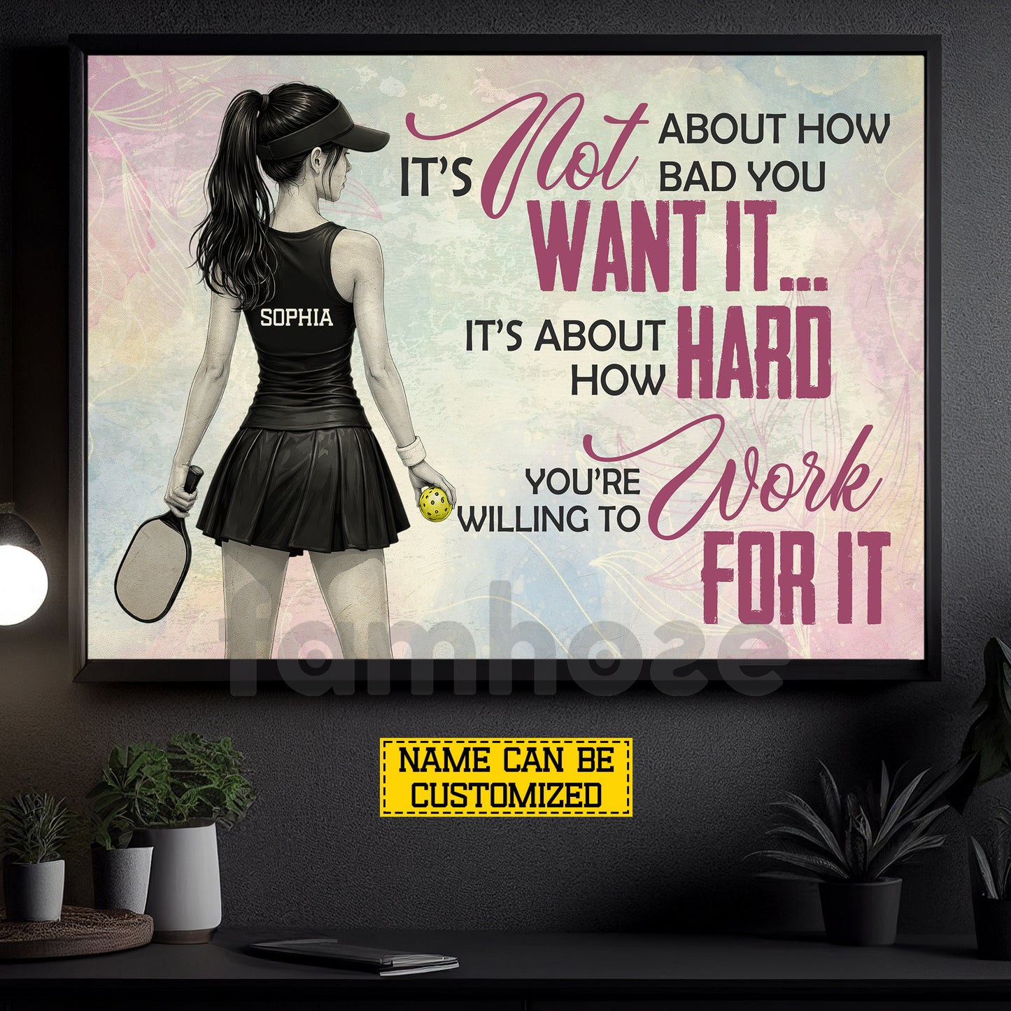 Motivational Personalized Pickleball Girl Canvas Painting, How Hard You're Willing To Work For It Sport Wall Art Decor, Poster Gift For Pickleball Lover
