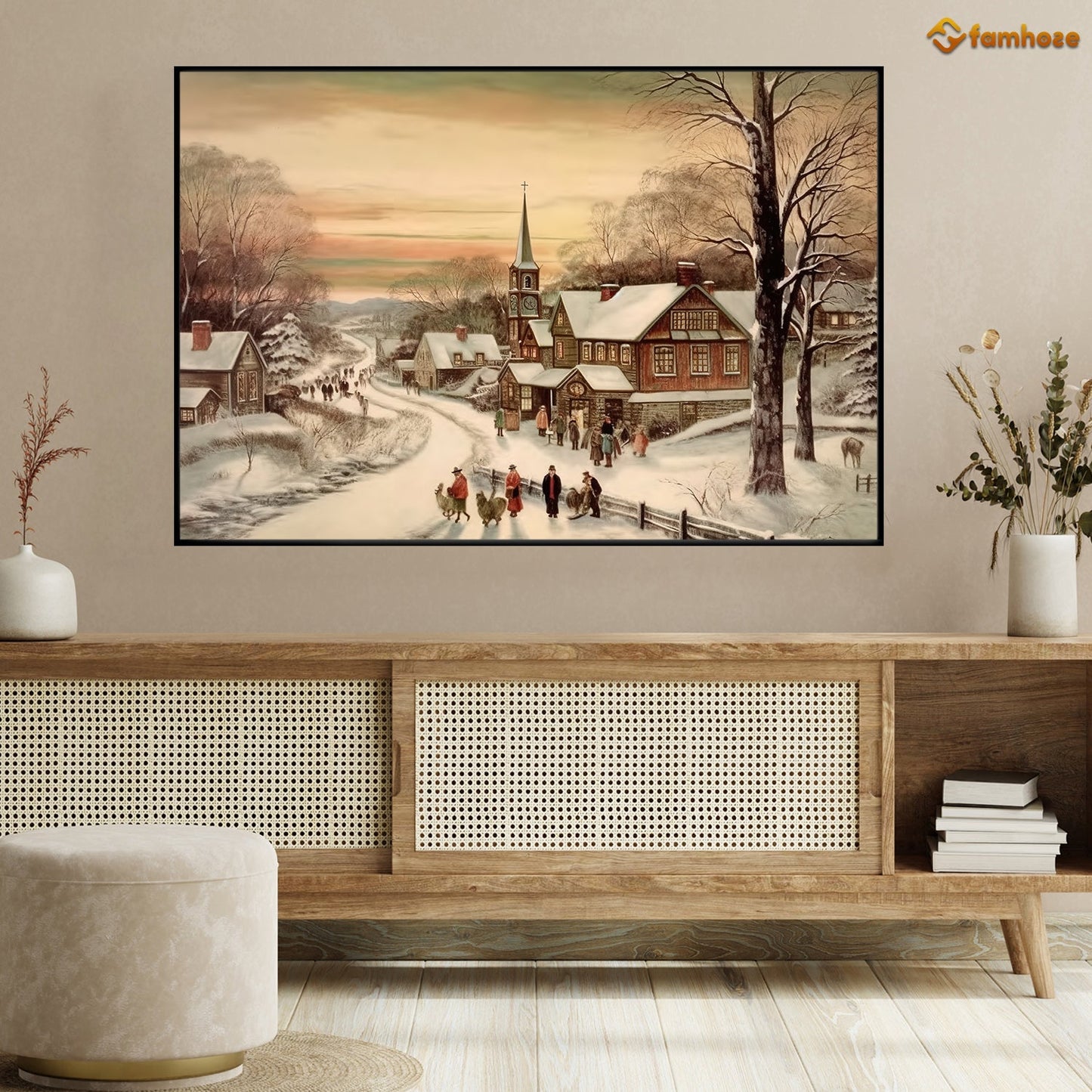 Christmas Scene With Snow Covered Road Christmas Canvas Painting, Xmas Wall Art Decor - Christmas Poster Gift