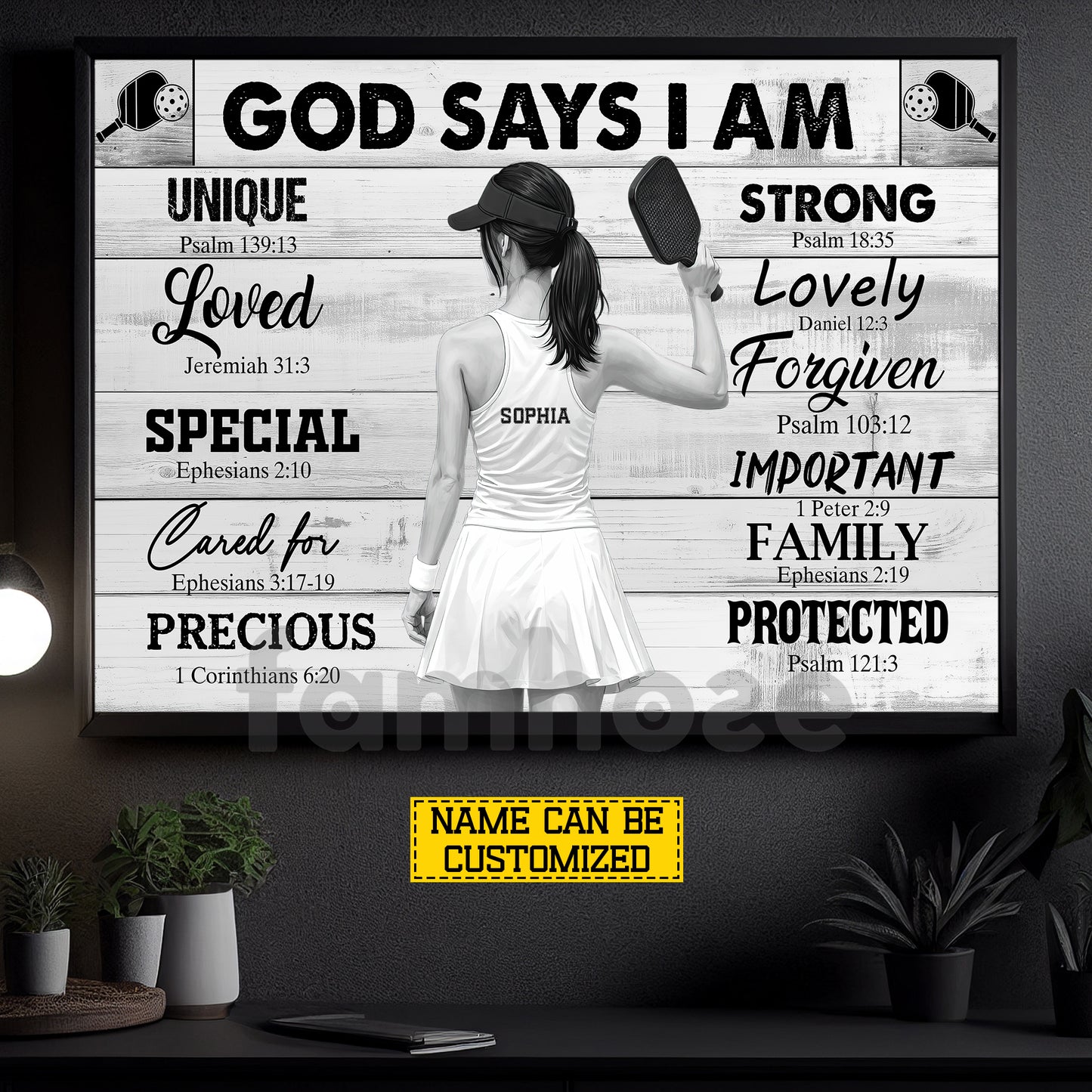 Motivational Personalized Pickleball Girl Canvas Painting, God Says I Am Unique Special Strong Sport Wall Art Decor, Poster Gift For Pickleball Lover