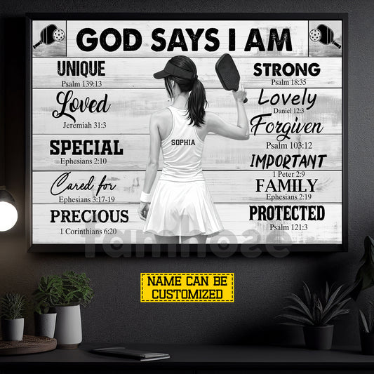 Motivational Personalized Pickleball Girl Canvas Painting, God Says I Am Unique Special Strong Sport Wall Art Decor, Poster Gift For Pickleball Lover