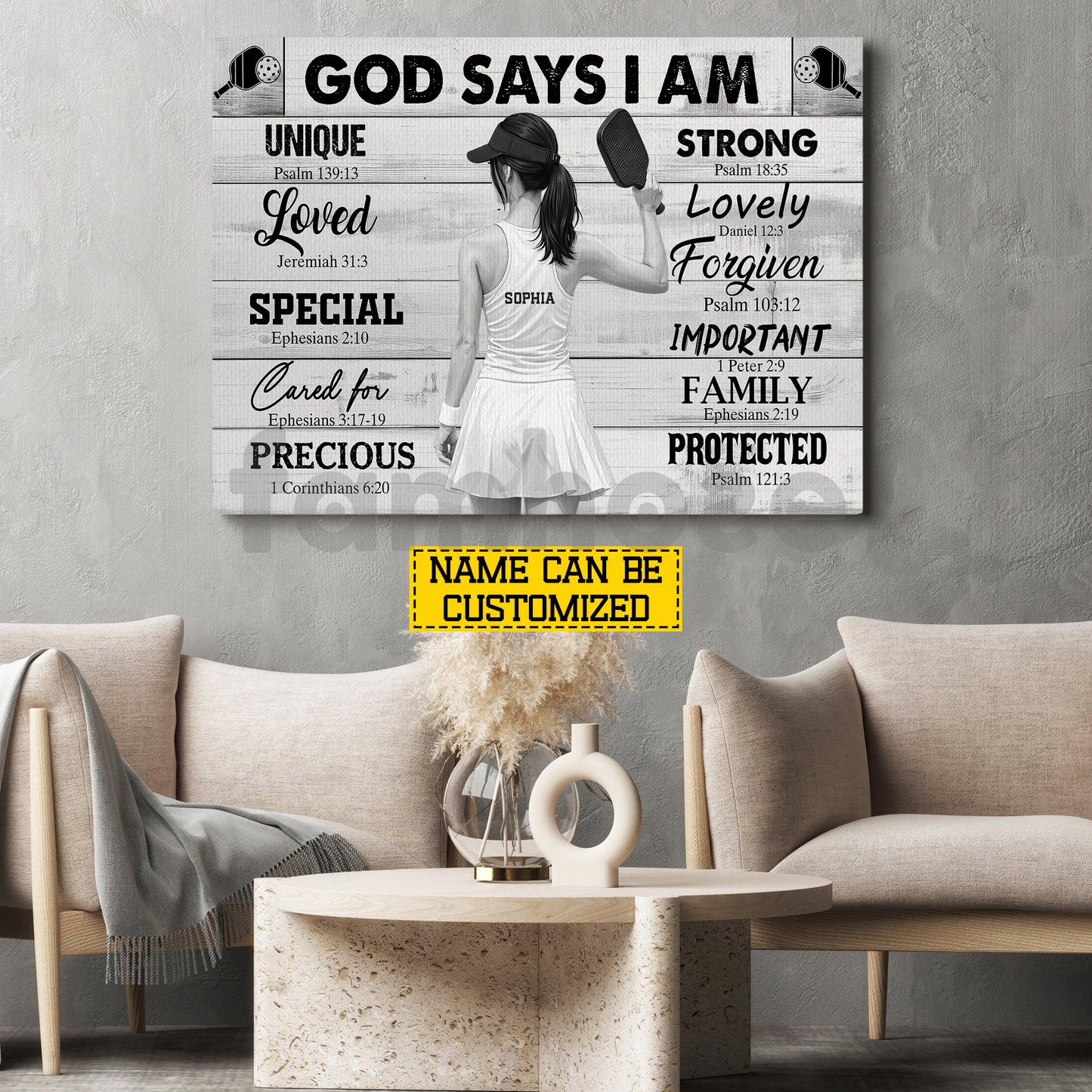 Motivational Personalized Pickleball Girl Canvas Painting, God Says I Am Unique Special Strong Sport Wall Art Decor, Poster Gift For Pickleball Lover