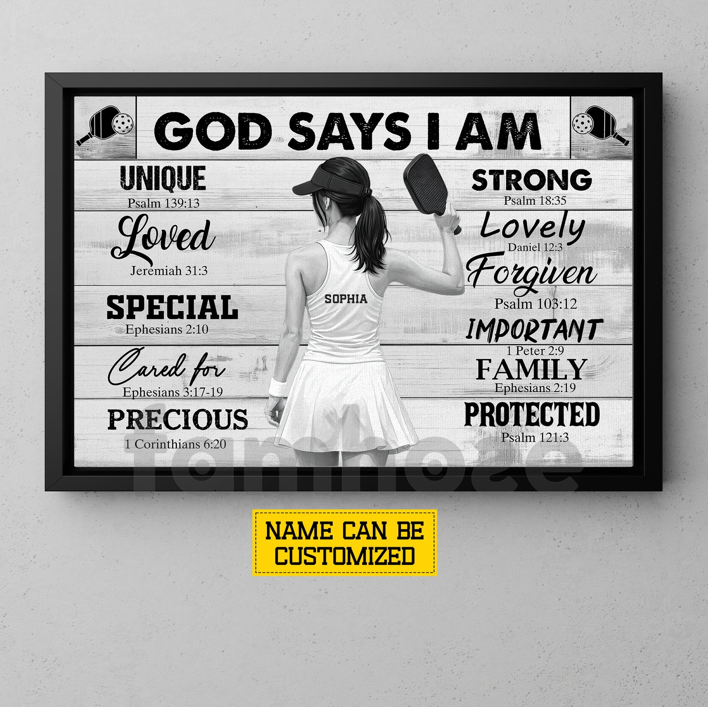 Motivational Personalized Pickleball Girl Canvas Painting, God Says I Am Unique Special Strong Sport Wall Art Decor, Poster Gift For Pickleball Lover