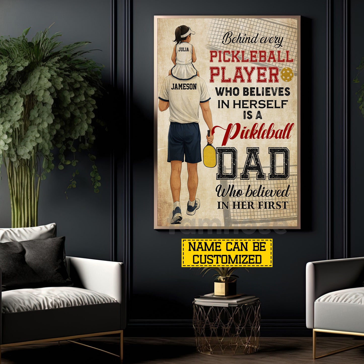 Personalized Pickleball Dad Girl Canvas Painting, Behind Every Pickleball Player Sport Wall Art Decor, Poster Gift For Pickleball Lover