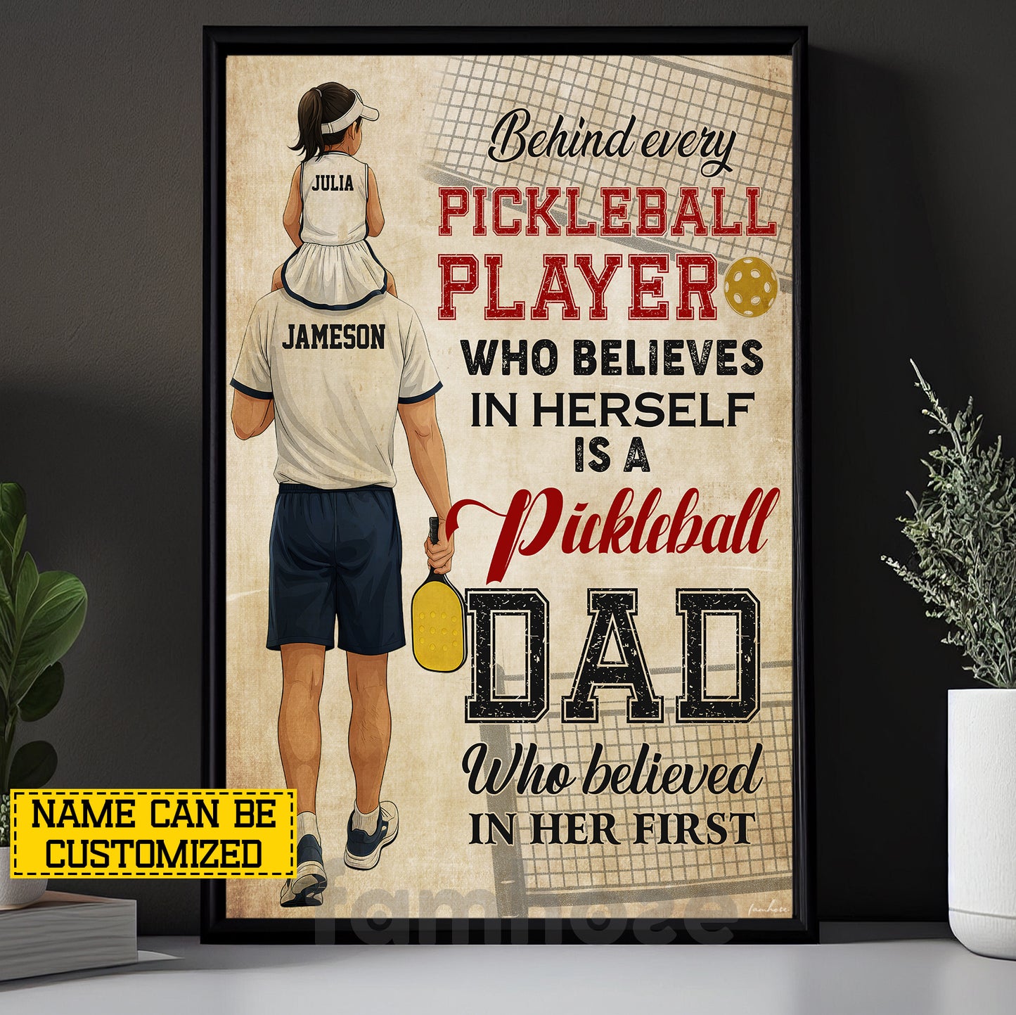 Personalized Pickleball Dad Girl Canvas Painting, Behind Every Pickleball Player Sport Wall Art Decor, Poster Gift For Pickleball Lover
