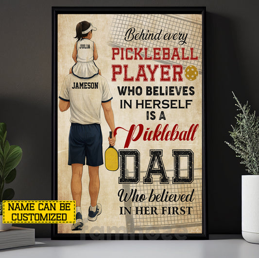 Personalized Pickleball Dad Girl Canvas Painting, Behind Every Pickleball Player Sport Wall Art Decor, Poster Gift For Pickleball Lover