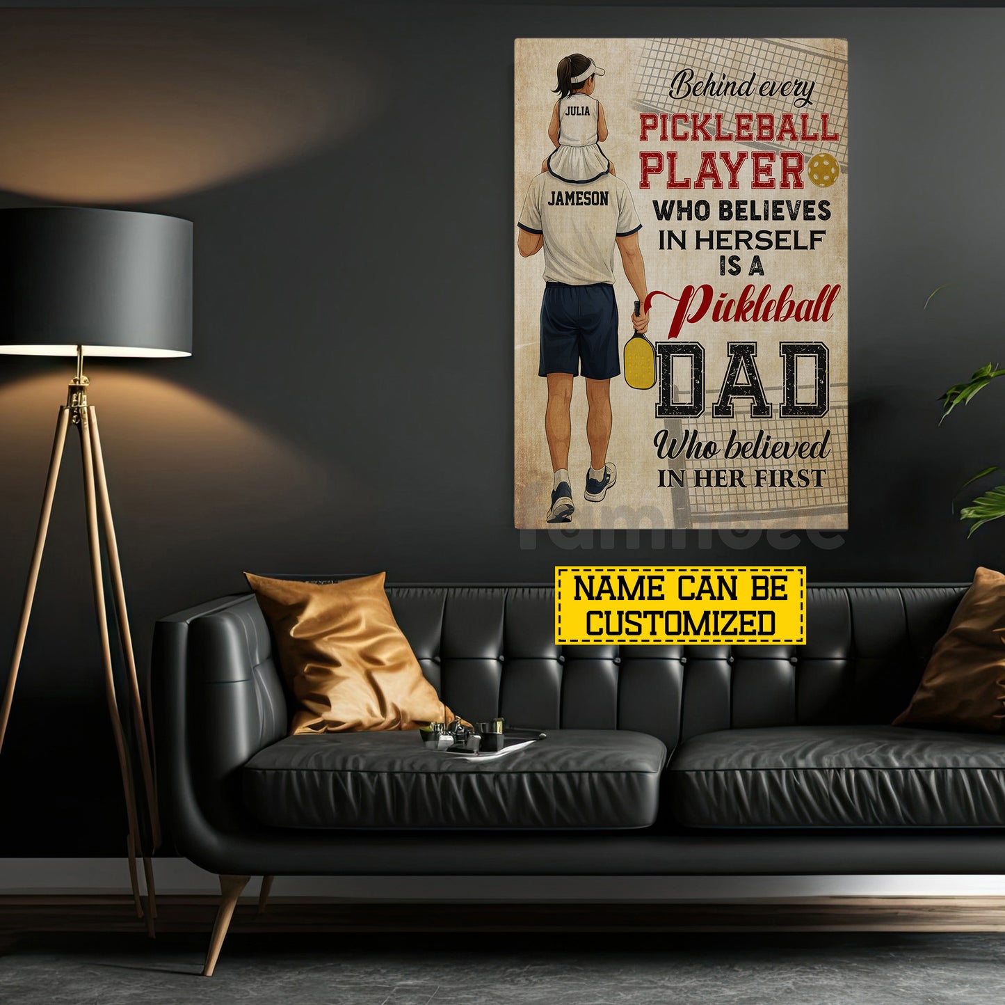 Personalized Pickleball Dad Girl Canvas Painting, Behind Every Pickleball Player Sport Wall Art Decor, Poster Gift For Pickleball Lover