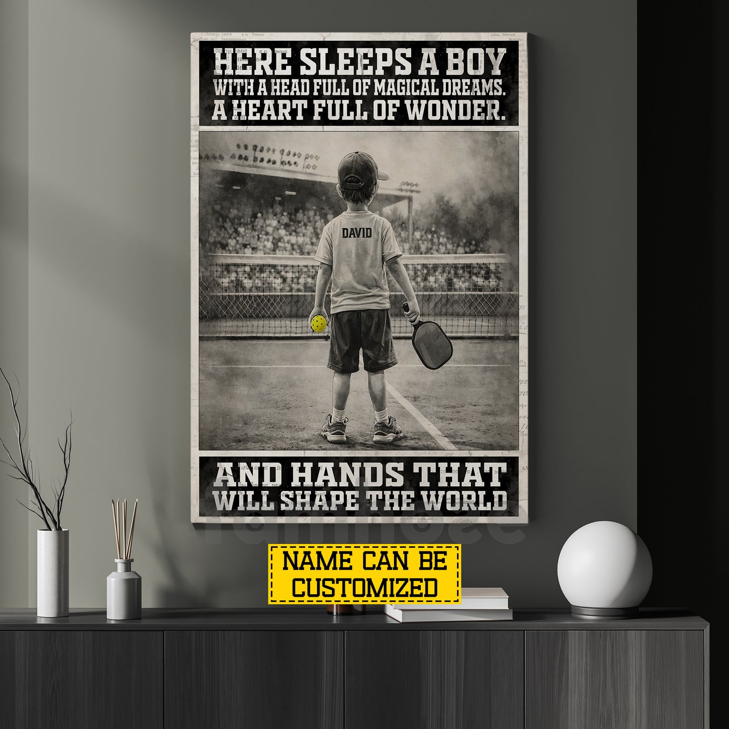 Personalized Pickleball Boy Kid Canvas Painting, Here Sleeps A Boy Sport Wall Art Decor, Poster Gift For Pickleball Lover