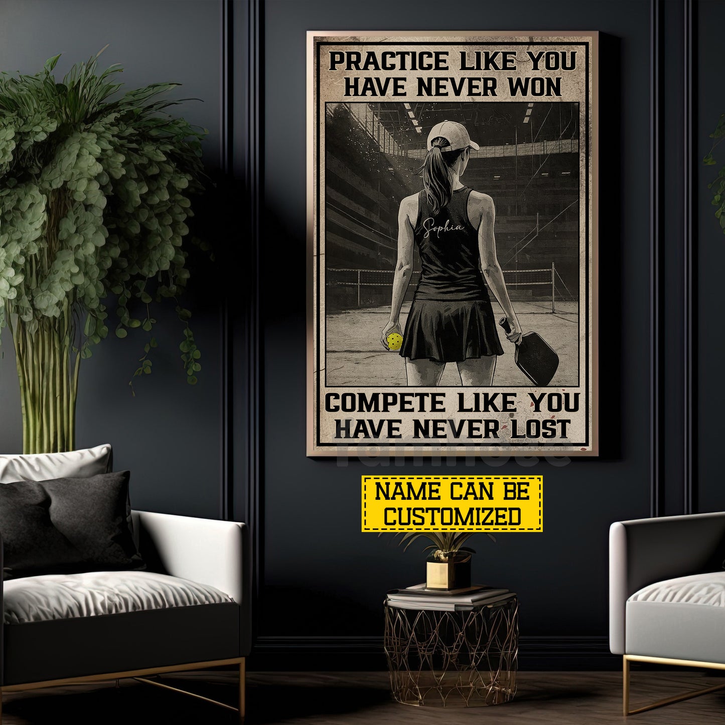 Personalized Pickleball Girl Canvas Painting, Practice Like You Have Never Won Sport Wall Art Decor, Poster Gift For Pickleball Lover