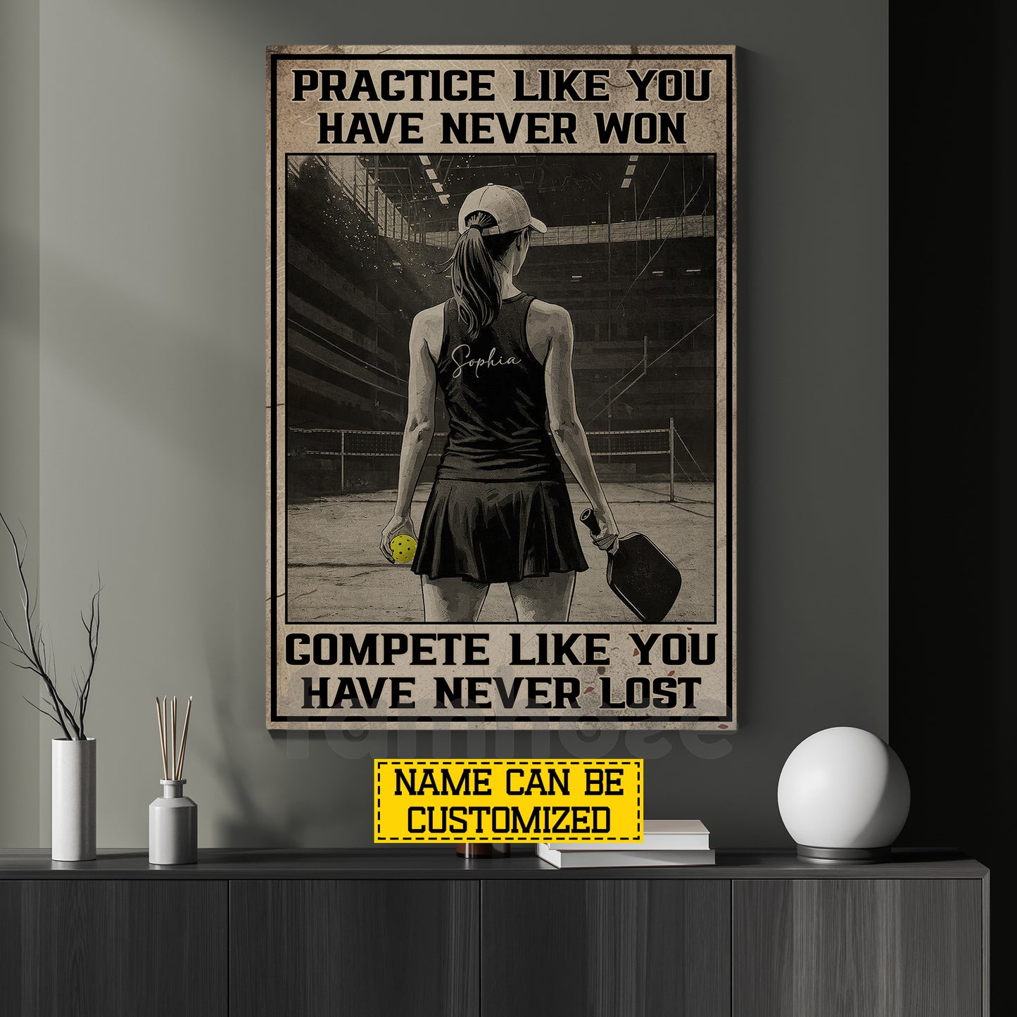 Personalized Pickleball Girl Canvas Painting, Practice Like You Have Never Won Sport Wall Art Decor, Poster Gift For Pickleball Lover