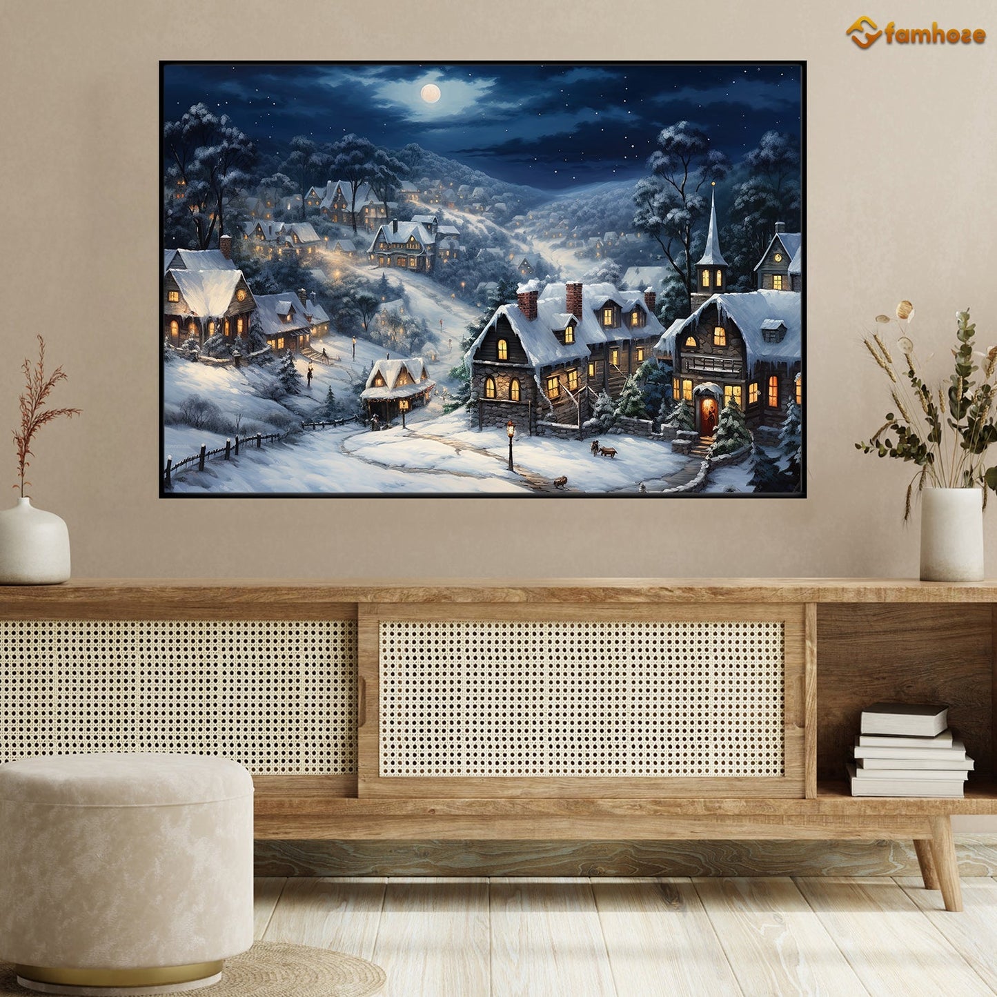 The Houses Are Covered With Snow On Christmas Night, Christmas Canvas Painting, Xmas Wall Art Decor - Christmas Poster Gift