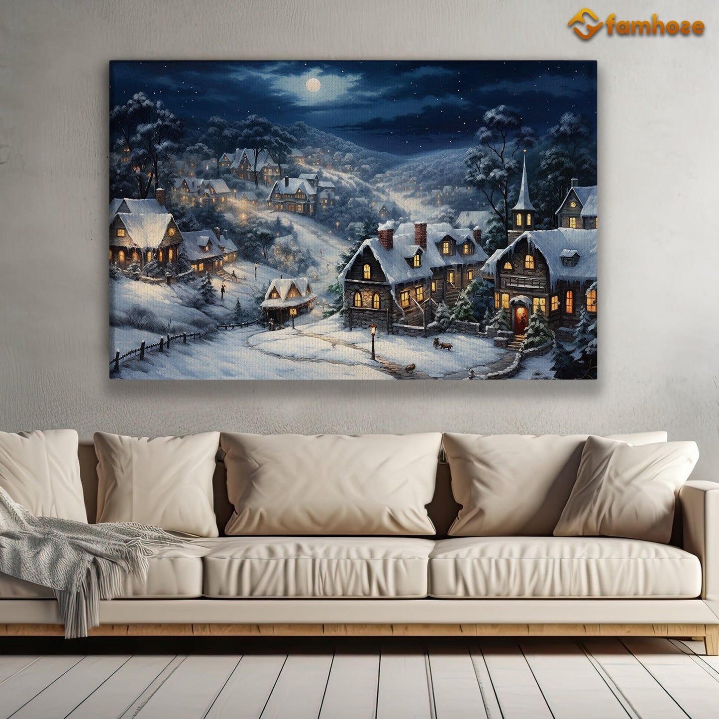 The Houses Are Covered With Snow On Christmas Night, Christmas Canvas Painting, Xmas Wall Art Decor - Christmas Poster Gift