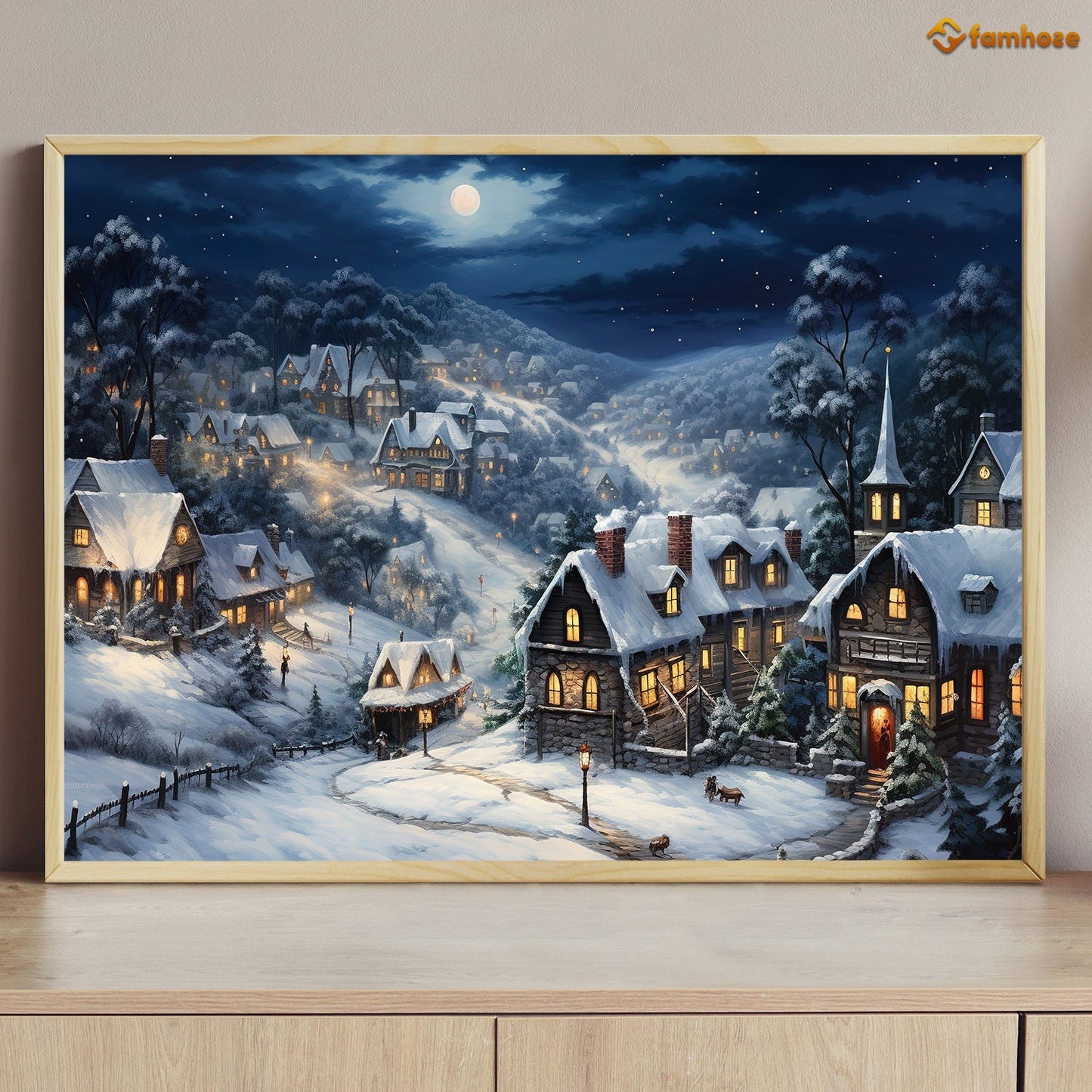 The Houses Are Covered With Snow On Christmas Night, Christmas Canvas Painting, Xmas Wall Art Decor - Christmas Poster Gift