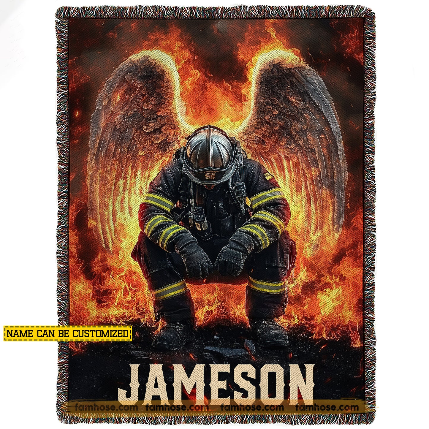 Personalized Firefighter Fleece Blanket, Fallen Fireman Angel Wings Fire Woven Blanket, Sherpa Blanket Gift For Firefighters