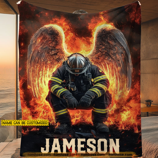 Personalized Firefighter Fleece Blanket, Fallen Fireman Angel Wings Fire Woven Blanket, Sherpa Blanket Gift For Firefighters