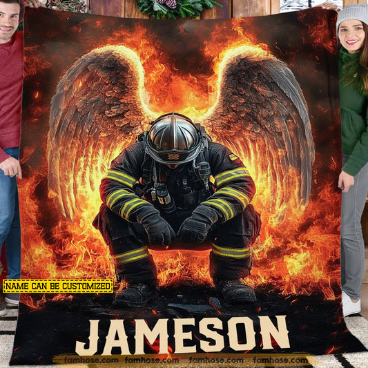 Personalized Firefighter Fleece Blanket, Fallen Fireman Angel Wings Fire Woven Blanket, Sherpa Blanket Gift For Firefighters
