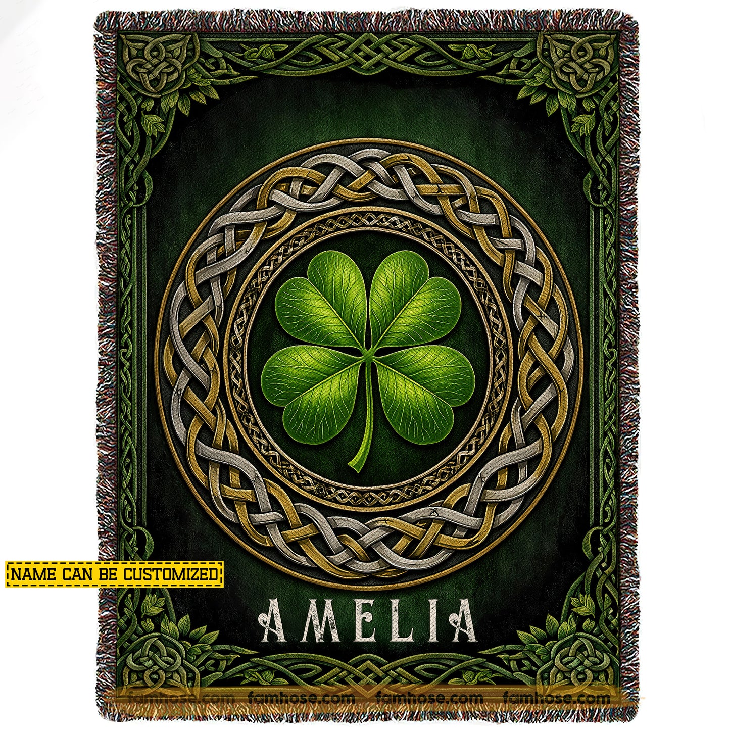 Personalized Four-Leaf Clover Fleece Blanket, Celtic Knot, Irish Heart, Personal Legacy Woven Blanket, Sherpa Blanket St Patrick's Day Gift For For Irish Lover